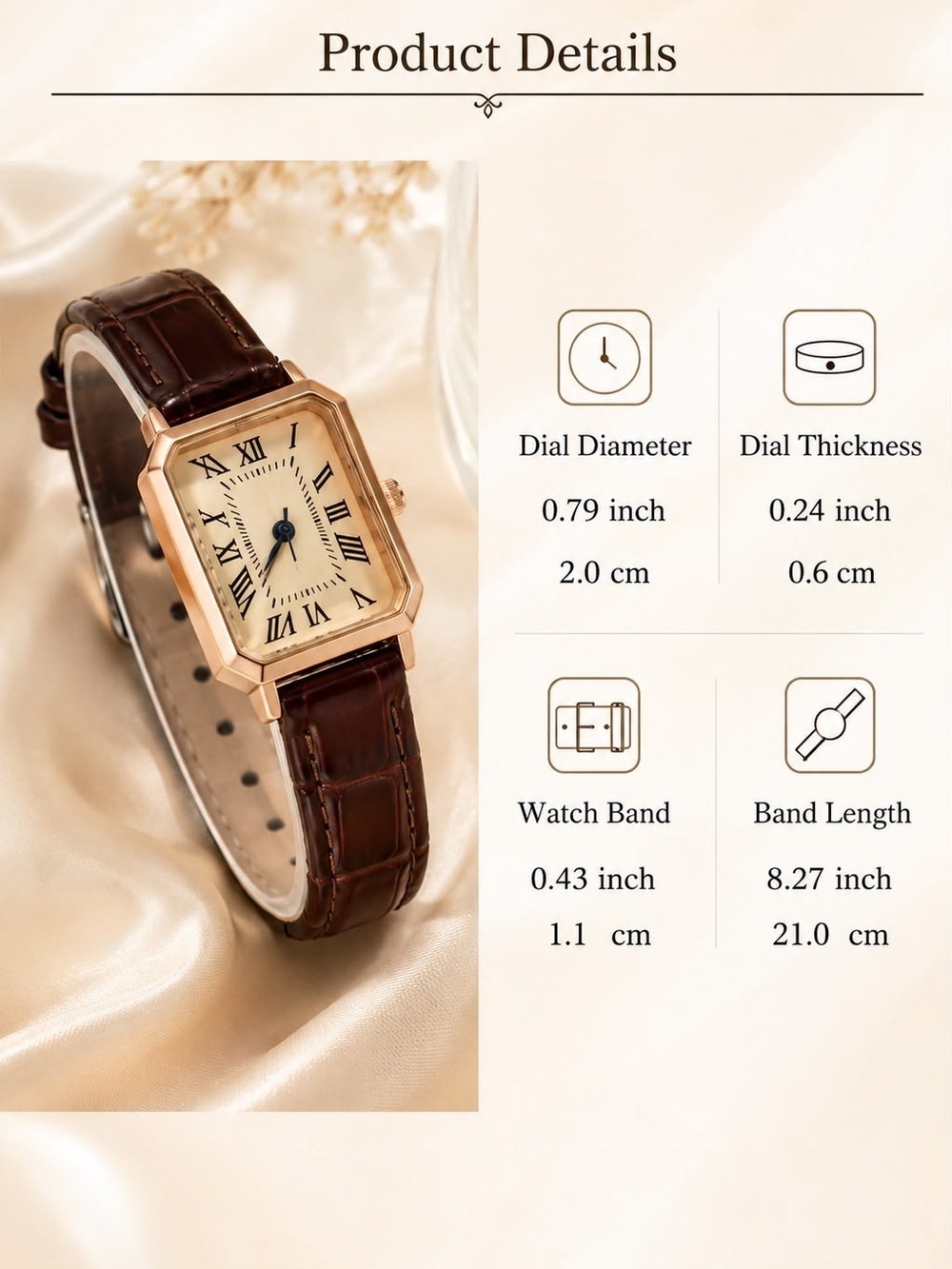 Classic Rectangular Gold-Tone Watch with Brown Leather Strap - Picture 2 of 6